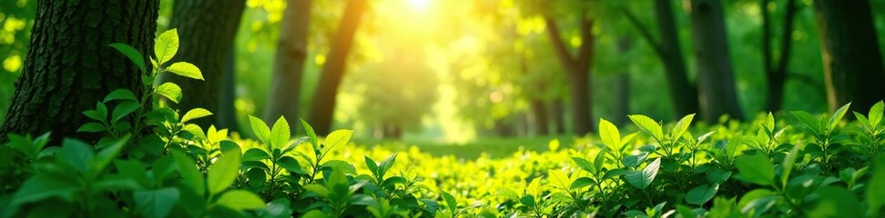 Lush green forest foliage with golden sunlight filtering through leaves, Sunshine, Greenery