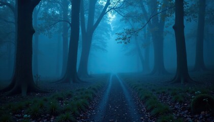 Naklejka premium Dense fog envelops the forest floor, a narrow blue-lit pathway unwinding into the depths, blue light, misty, atmosphere