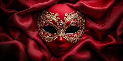 Red Venetian mask on silk; mystery, elegance