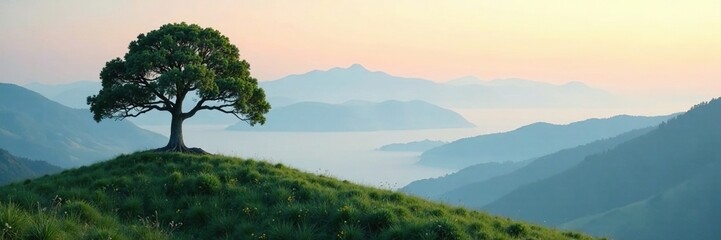 Obraz premium Hilltop tree with misty morning fog and mountains in background, natural, mountains, hills