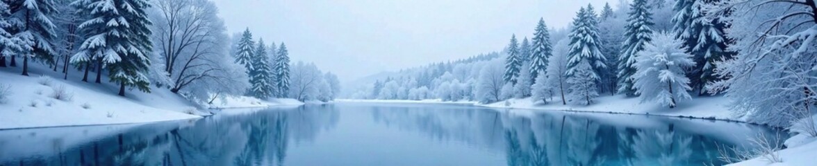 Naklejka premium Frosty forest, snow-covered trees, frozen lake, forests, nature, icy ponds