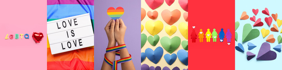 Collage of rainbow paper hearts, flag and abbreviation LGBTQ on color background