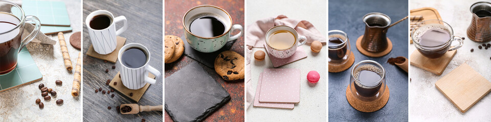 Collage of cups of hot beverages and coasters on table