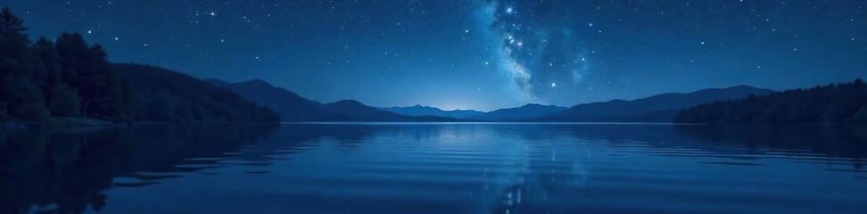 Silvery water reflects dark night sky with few stars shining through, peaceful, calming, serene