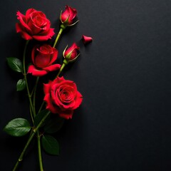 Fototapeta premium Red rose blooms on black canvas with subtle texture, nature, flora