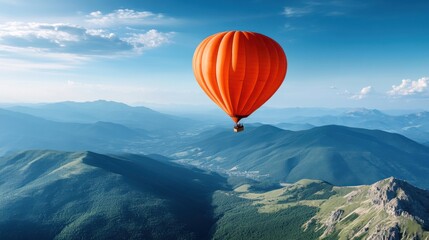 Fototapeta premium A Vibrant Hot Air Balloon Gliding Over Majestic Mountains and Scenic Landscape Under Clear Blue Sky