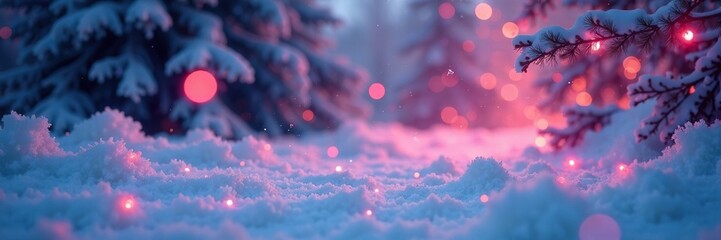 A winter scene with pink and silver lights twinkling in the air, twinkling, frosty