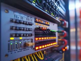 Digital Data Transfer Network Server Rack Closeup Electronics Background