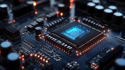 Obraz premium Closeup of a Futuristic Digital Data Transfer Technology Background with Circuits and Microchips