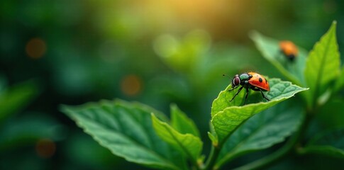 Warmly lit fireflies hovering around green leaves and stems, gentle hues, warm tones