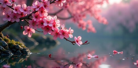 Pink redbud flowers on gnarled branches above calm water surface, calm, pink
