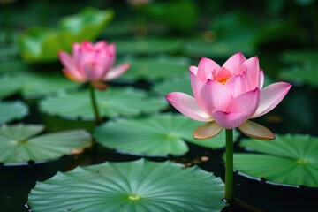 Lotus flower with delicate green stems in water, serene, water