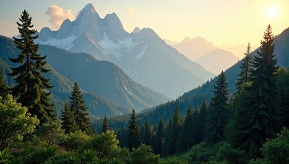 Fototapeta premium Towering trees amidst majestic mountains with warm golden light, natural, forest, tree tops
