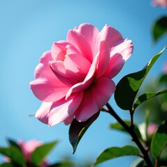 A pink camellia flower blooming in the shade of a blue sky, pink camellia, petals, botanical