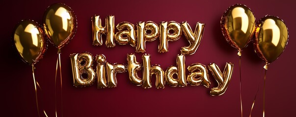 Glittering golden balloons spelling out "Happy Birthday" on a bold maroon background