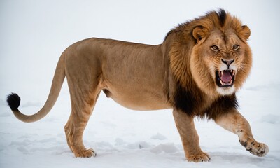 Obraz premium 포효하는 사자 겨울철 눈밭에 서있다