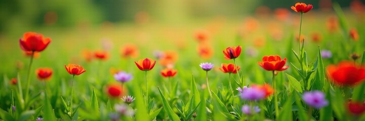 Obraz premium Bright red and purple flowers in a field of green grass, isolated, solitary, blooming