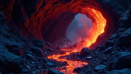 Lava flows through a dark and mysterious cave, glowing coals, cave