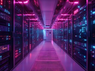 Fototapeta premium Glowing Neon Corridor of Digital Data Transfer in Futuristic Server Room