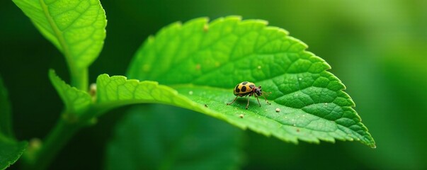 Fototapeta premium Green leaf with tiny insects under the surface, plant harm, insecticide use