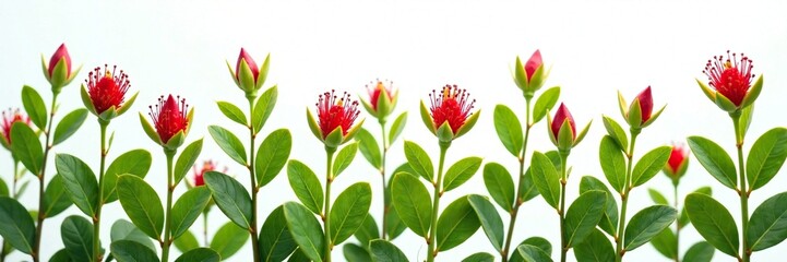 Single isolated Metrosideros bloom on white background, greenery,