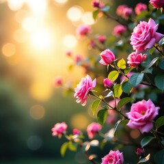 Obraz premium Pink rose branches stretching towards sunlight, blossoms, landscape