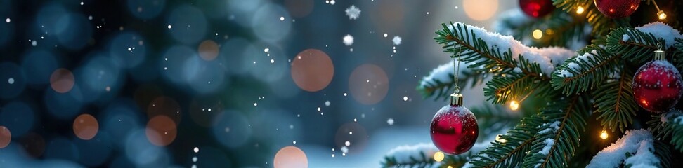 Snowflakes falling on a Christmas tree with empty space around it, christmas, holiday