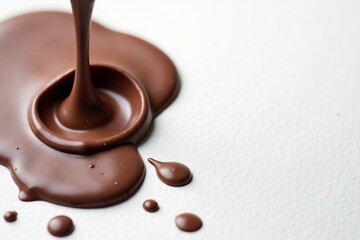 Smooth liquid chocolate spills on white surface, foodie delight, decadent treat