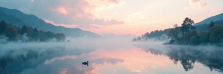 Fototapeta premium Serene lake scene with wispy clouds and mist in foreground, mist, still, misty