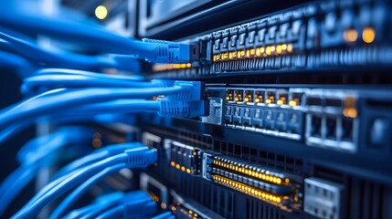 Digital Data Transfer in Modern Tech Datacenter with Server Racks and Network Cables