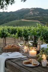 A rustic table is arranged with wine glasses, a bottle, bread, and candles in a vineyard. The sun sets over rolling hills, creating a serene dining atmosphere
