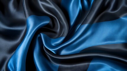 Obraz premium Abstract technology background features a luxurious, shiny black and blue satin fabric with a dark, soft wave pattern, creating a blurred, beautiful texture reminiscent of silk