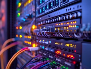 Naklejka premium Digital Data Center Servers Cables and Futuristic Technology in Colorful Glow