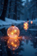 Twinkling xmas ball lights reflected on a frozen lake, shimmering ice, xmas lights, frozen water