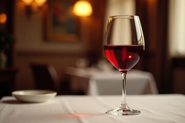 Wine glass filled with red wine on a tablecloth background, ambiance, dinner, sophisticated
