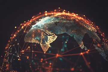 Abstract digital globe with lines and nodes, illustrating global network connections and worldwide communication, modern technological connectivity concept