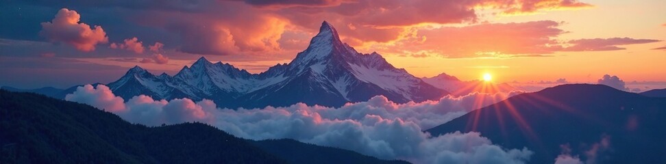 A majestic mountain range at sunset with shimmering clouds and stardust, cosmic, clouds, stardust