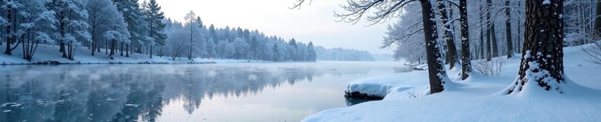 Snow-covered forest with bare trees and frozen lake in the background, tree, forest, cold weather