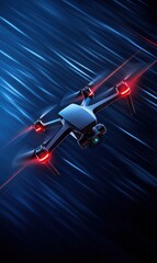 Modern Drone Flying with Futuristic Effects in a High-Tech Blue Environment