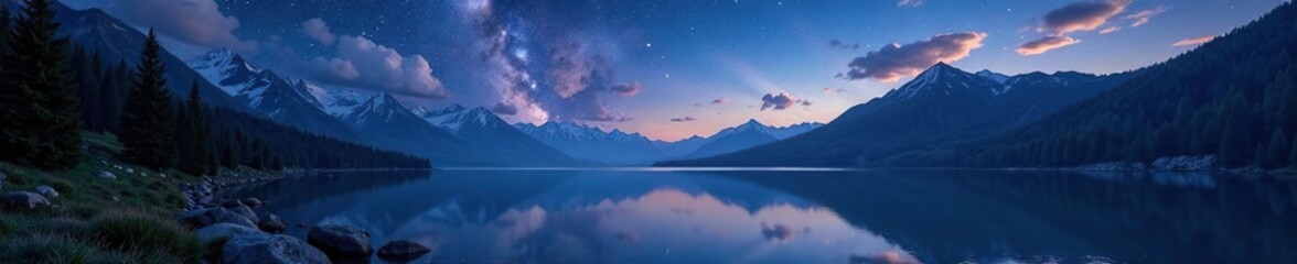 Fototapeta premium Starry mountainside with a calm lake and forest, peaceful, landscape