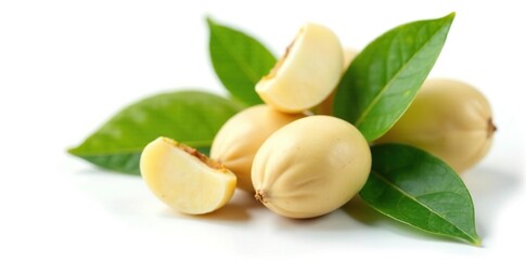 Macadamia kernel with leaves on a white background, seed, nature, macadamia tree