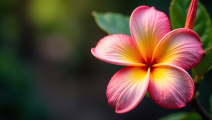 Plumeria frangipani flower with long stamens and pistils, petals, stamens, closeup