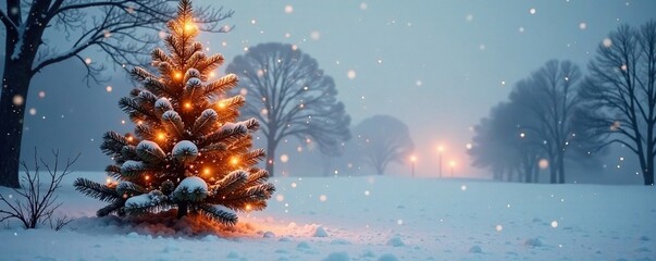 Glittering gold Christmas tree amidst icy fog, foggy morning, winter scenery, wintry scene