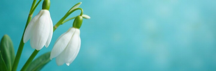 Obraz premium Delicate snowdrop petals unfolding from a white bud, Spring Flowers, Blue Background, Floral Arrangement