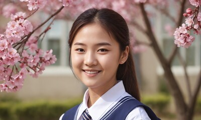 한국 여고생 예쁜 꽃나무 앞에 서있다.