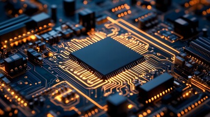 Fototapeta premium Detailed Digital Data Transfer Circuit Board with Illuminating Microchips and Processors