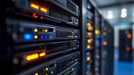 Naklejka premium Digital Data Transfer Futuristic Server Rack in Dark Abstract Background