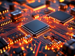 Fototapeta premium Intricate Digital Data Transfer on Advanced Circuit Board with Microchips