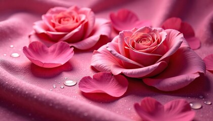 Fototapeta premium Soft rose petals on a velvet cloth, with a few oil droplets, droplets, oil painting