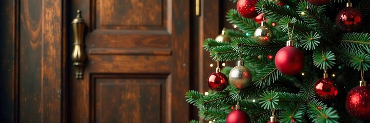Obraz premium Wooden door with Christmas tree and balls hanging from it, Christmas tree, colorful balls